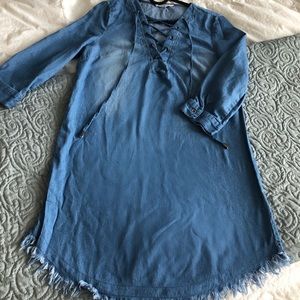 Denim dress with crossed neckline